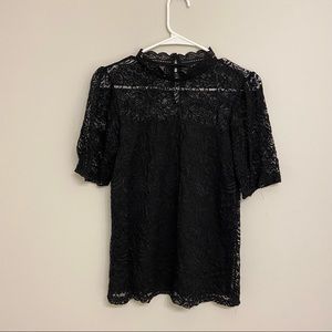 BRAND NEW Black Lace Mock Neck Short Sleeve Blouse